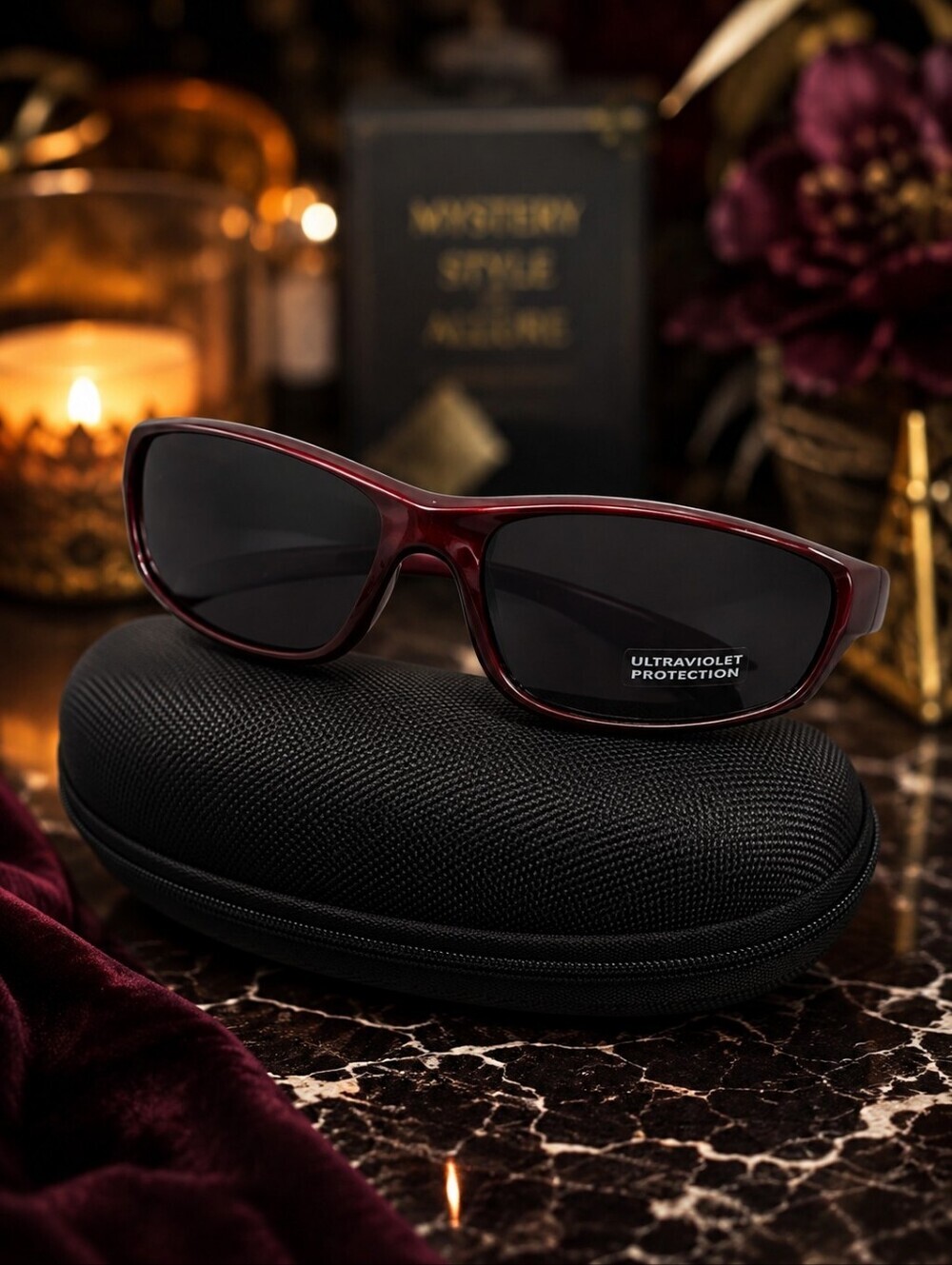 🕯 Y2K Burgundy Wrap Sunglasses UV400 Sport Rectangle Shades w/ Hard Case NWT